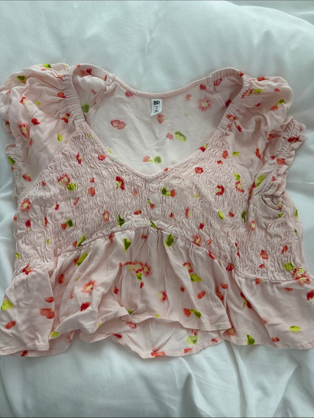 bp Pink Floral Smocked Ruffle Crop Top
